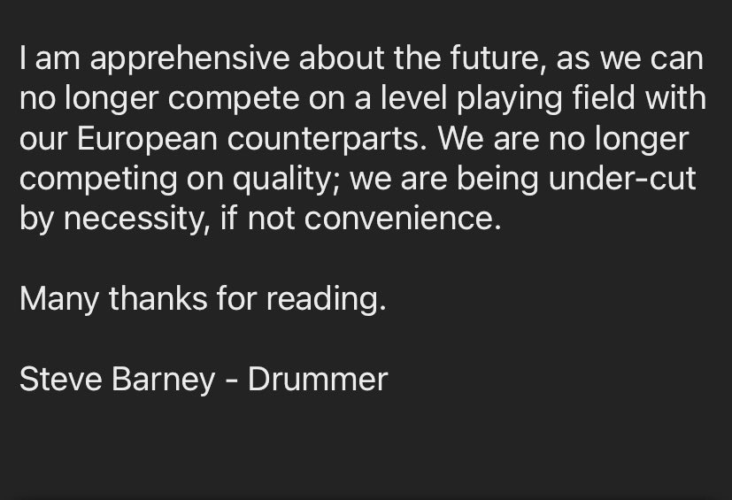 Steve Barney (@barneydrums) on Twitter photo An open letter
by <a href="/barneydrums/">Steve Barney</a>
post-Brexit touring/work loss (Schengen 90/180)
* Swipe to read An open letter
by <a href="/barneydrums/">Steve Barney</a>
post-Brexit touring/work loss (Schengen 90/180)
* Swipe to read