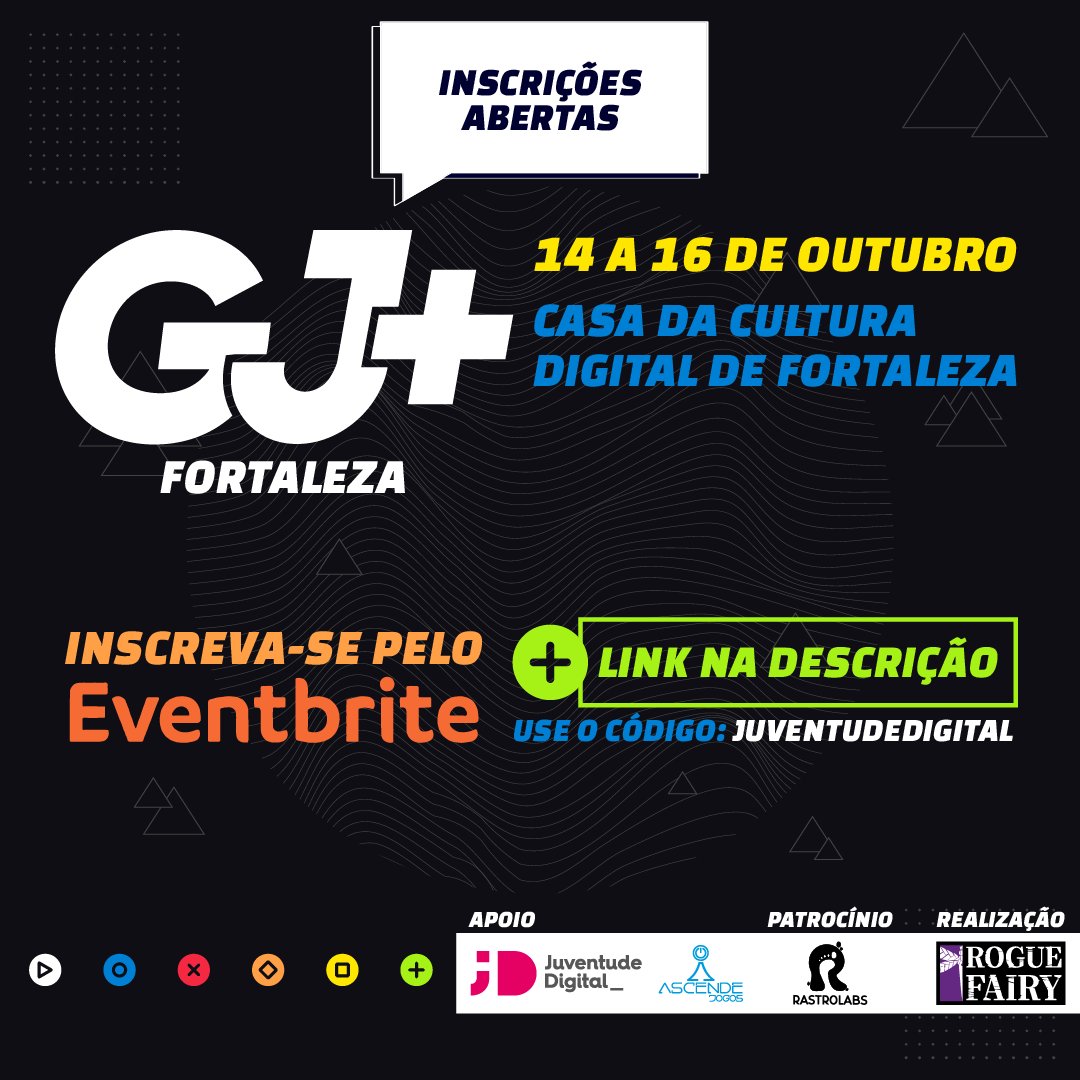 roguefairy's tweet photo. Estão abertas as inscrições na @gamejamplus de 2022/2023 que ocorrerá nos dias 14 a 16 de outubro de 2022! Apoio: Juventude Digital e Ascende Jogos. Patrocínio: @RastroLabs

https://t.co/cLiATHqd25

Para mais informações é só mandar uma mensagem no direct. https://t.co/nNPKcBm7UT
