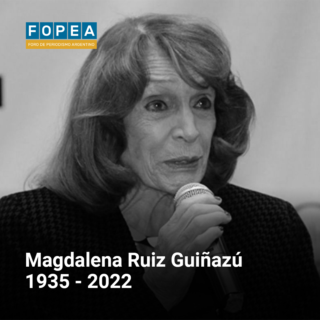 Participamos con dolor del fallecimiento de nuestra socia Magdalena Ruiz Guiñazú, quien ha sido un ejemplo en el ejercicio del #periodismo y una valiente mujer comprometida con la defensa de los #derechoshumanos. Lamentamos su partida y acompañamos a su familia en este momento.