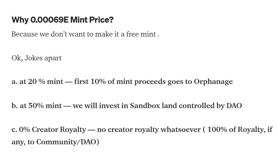 Why 0.00069E Mint ?

1. At 20% #mintout : 10% to Orphanage
2. At 50% #mintout : invest in <a href="/TheSandboxGame/">The Sandbox</a> Land parcel for #DAO 
3. 0% Creator Royalty

FAQs👇🏻
linktr.ee/duckmfers

Mint LIVE NOW 👇🏻
duckmfers.netlify.app

#FreeMintAlert #nftart #CC0 #FreeMint #mfers #NFTdrop