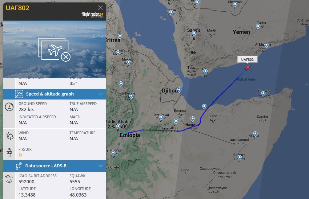 Laurent_Le_Bloa's tweet photo. #UAE AF Beechcraft350 802 fm #Ethiopia call sign #AIRFOR13 to #AlMukalla #Yemen changing c/s over Gulf of Aden onto #UAF802 
@RAbdiAnalyst  @Abdi678 @G_OnTheGround @ATCprowler @kinjeketile @OAbraar https://t.co/LDugyUoydl