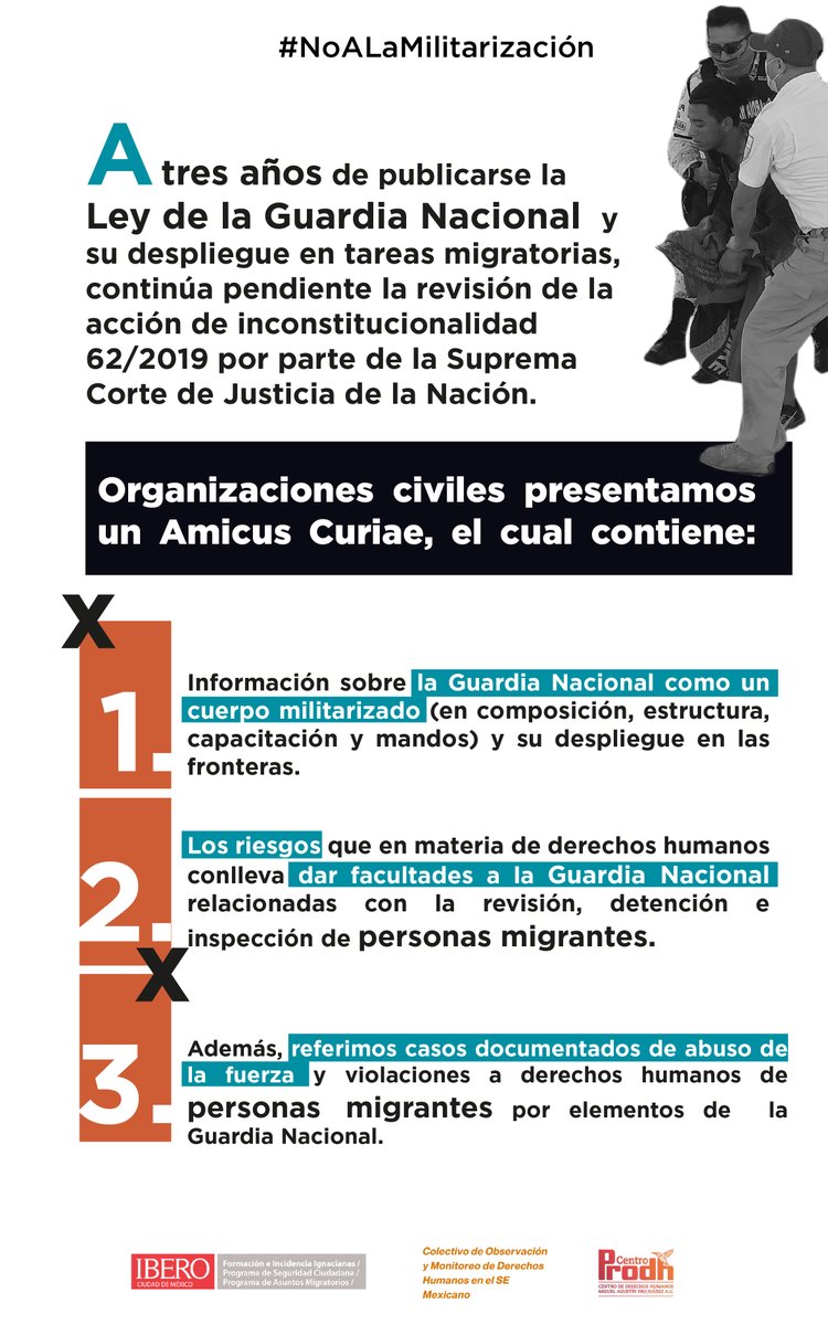 prami_iberocdmx's tweet photo. En razón de esto, la @CNDH presentó a la Suprema Corte una acción de inconstitucionalidad y en junio pasado, junto a @CentroProdh @PSC_IBERO y el #COMDHSE presentamos un amicus curiae con argumentos sobre los riesgos y consecuencias de involucrar a la GN en tareas migratorias 👇 https://t.co/RoIunEiHBR