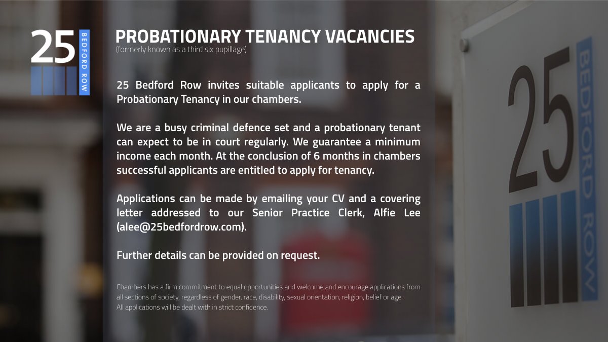We are recruiting probationary tenants (third six pupillage). 

We would love to hear from you if you are an ambitious criminal barrister at the start of your career.