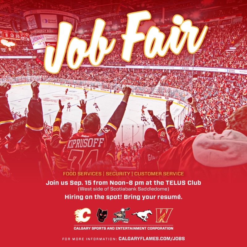 NHLFlames's tweet photo. Looking for a part-time gig? We're gearing up for the 2022-23 season!

Bring your resume down to the 'Dome on Sept. 15 - we're hiring on the spot during our job fair, which runs from 12:00-8:00 PM!

📄: https://t.co/EZRgko1Vc7