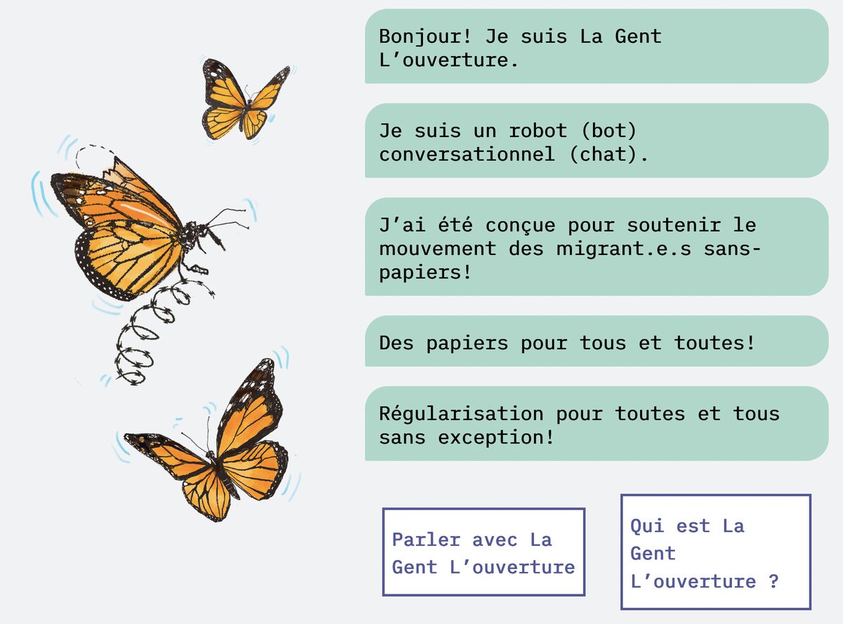 La Gent L’ouverture est une agente conversationnelle développée par le Lab-Delta. Elle permet de faire connaitre au public québécois les différentes situations que vivent les personnes sans papiers au Québec. Parlez à labdelta.ca/chatbot-1/chat… 
#Status4All .<a href="/SolidariteMTL/">Solidarité sans frontières #StatusforAll</a> .<a href="/CTI_IWC/">CTI IWC</a>