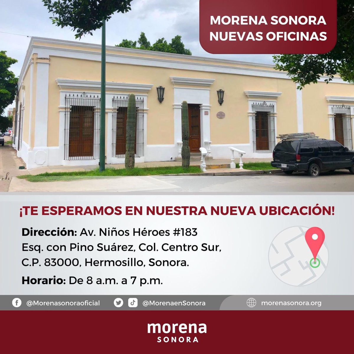 MorenaenSonora's tweet photo. ¡Feliz martes!

Informamos a militantes y simpatizantes sobre la ubicación de las nuevas oficinas de Morena #Sonora. https://t.co/7SMlEQwkKI