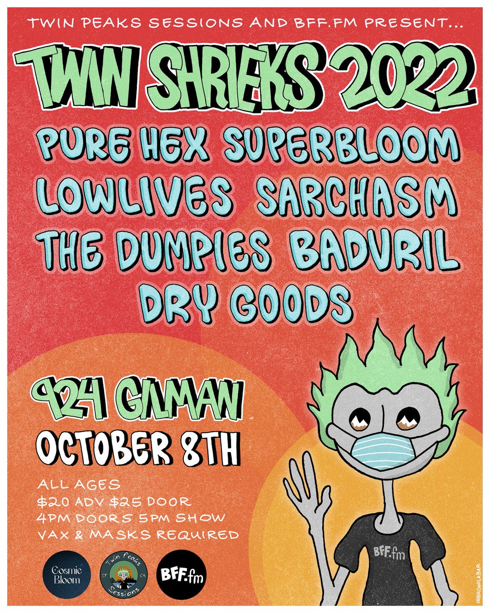TWIN SHRIEKS 2022. Saturday 10/8 at <a href="/924Gilman/">924 Gilman St. // Alternative Music Foundation</a>. Lineup reveal and banter streaming rn on <a href="/BFFdotFM/">BFF.fm San Francisco</a> 👀 tickets available now, spread the good word and see ya out there. bff.fm/broadcasts/329…