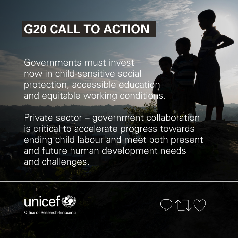 UNICEFInnocenti's tweet photo. 💡 Ending child labour must become a marker of human progress.

Our @T20Solutions policy brief makes  4⃣ recommendations for #G20 leaders on ending #ChildLabour ⬇️

📢 Join us in calling for inclusive growth, that leaves no child behind.

@FCDOInclusive