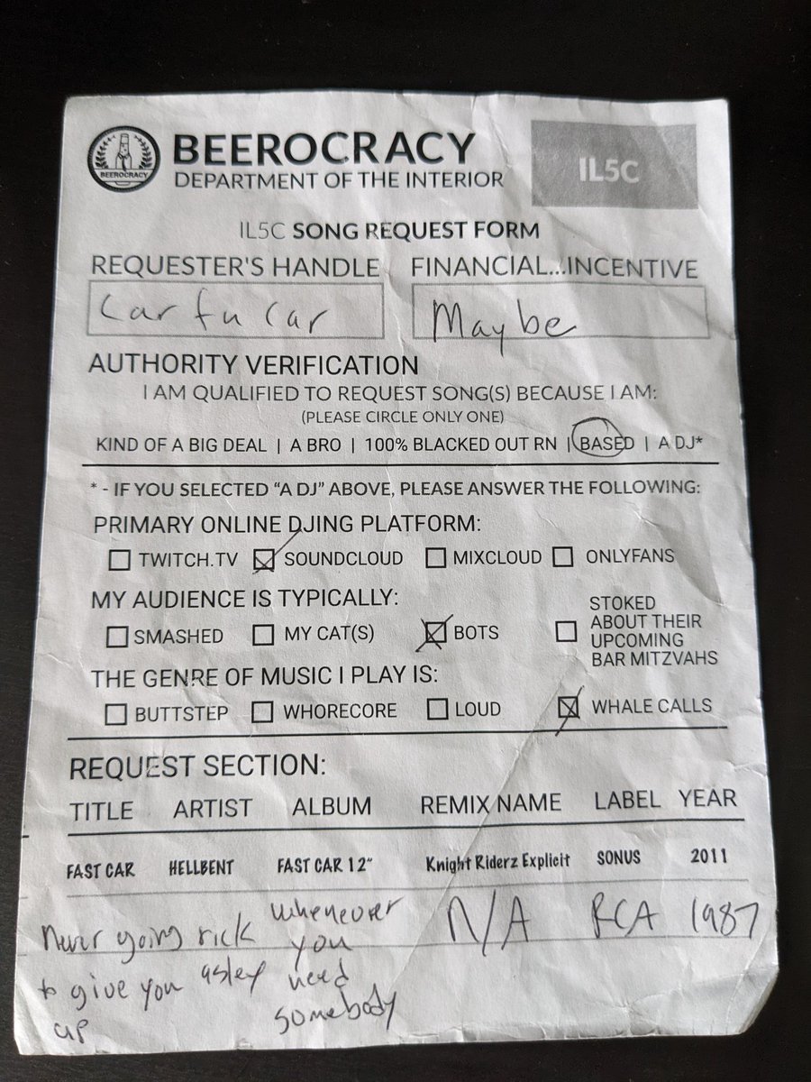 Just found this <a href="/toorcamp/">ToorCamp</a> <a href="/Beerocracycorp/">Beerocracy</a> song request form crumpled up in my gig bag courtesy of <a href="/carfucar/">carfucar</a>. Rick Astley was NOT in my original setlist.