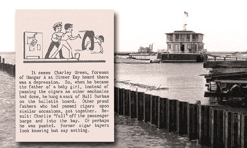 panamhistory's tweet photo. A Great Depression tale: “It seems Charley Green, foreman of [#PanAm]Hangar A at #DinnerKey heard there was a depression...he became the father of a baby girl, instead of passing the cigars as other mechanics had done, he hung a sack of Bull Durham [tobacco] on the bulletin board https://t.co/725pr7HK7B
