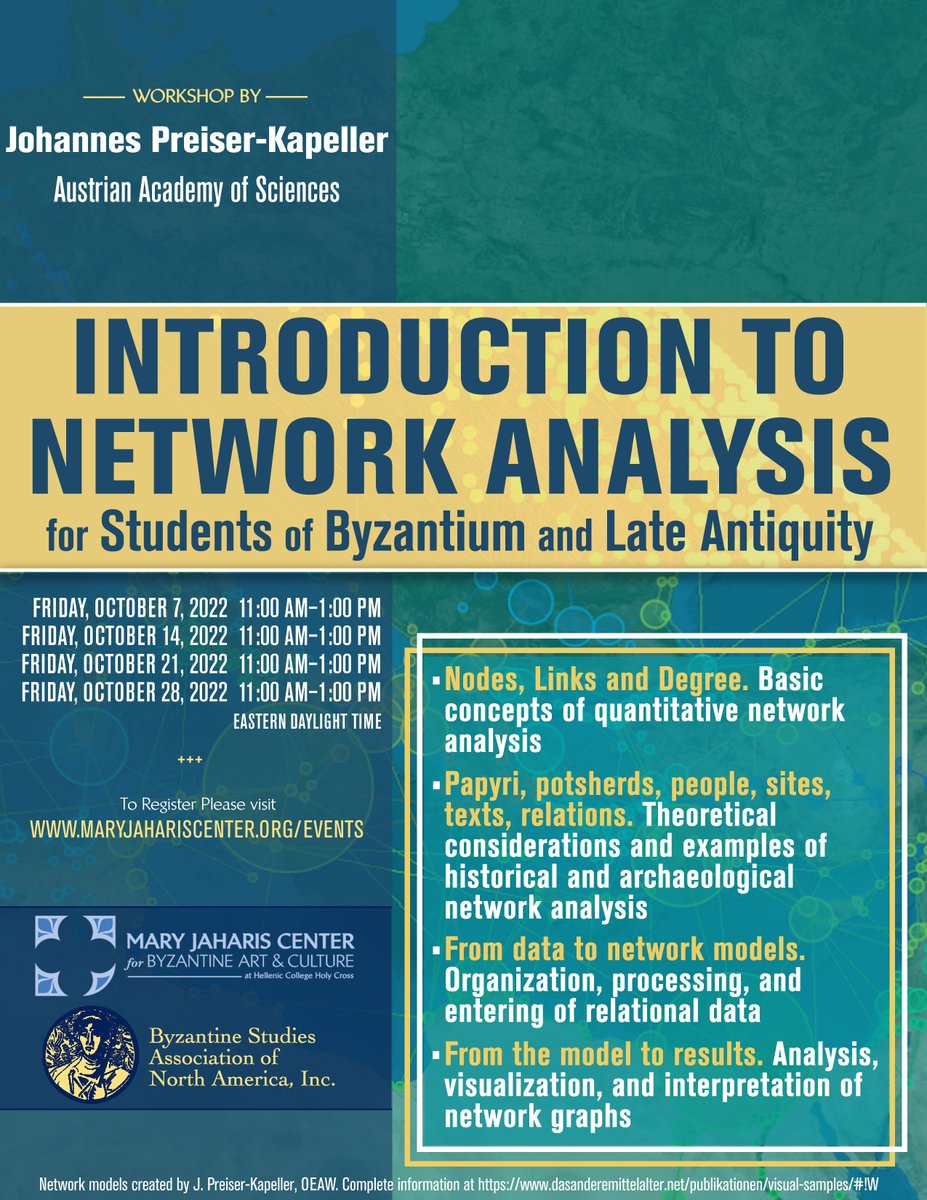Mary Jaharis Center (@mjcbac) on Twitter photo The Mary Jaharis Center and <a href="/bsanabsc/">Byzantine Studies Association of North America</a> are pleased to offer a four-part Network Analysis workshop for graduate students and early career researchers in collaboration with Dr. Johannes Preiser-Kapeller <a href="/Byzanzforscher/">J. Preiser-Kapeller</a>. Full description and registration: maryjahariscenter.org/events/introdu… The Mary Jaharis Center and <a href="/bsanabsc/">Byzantine Studies Association of North America</a> are pleased to offer a four-part Network Analysis workshop for graduate students and early career researchers in collaboration with Dr. Johannes Preiser-Kapeller <a href="/Byzanzforscher/">J. Preiser-Kapeller</a>. Full description and registration: maryjahariscenter.org/events/introdu…