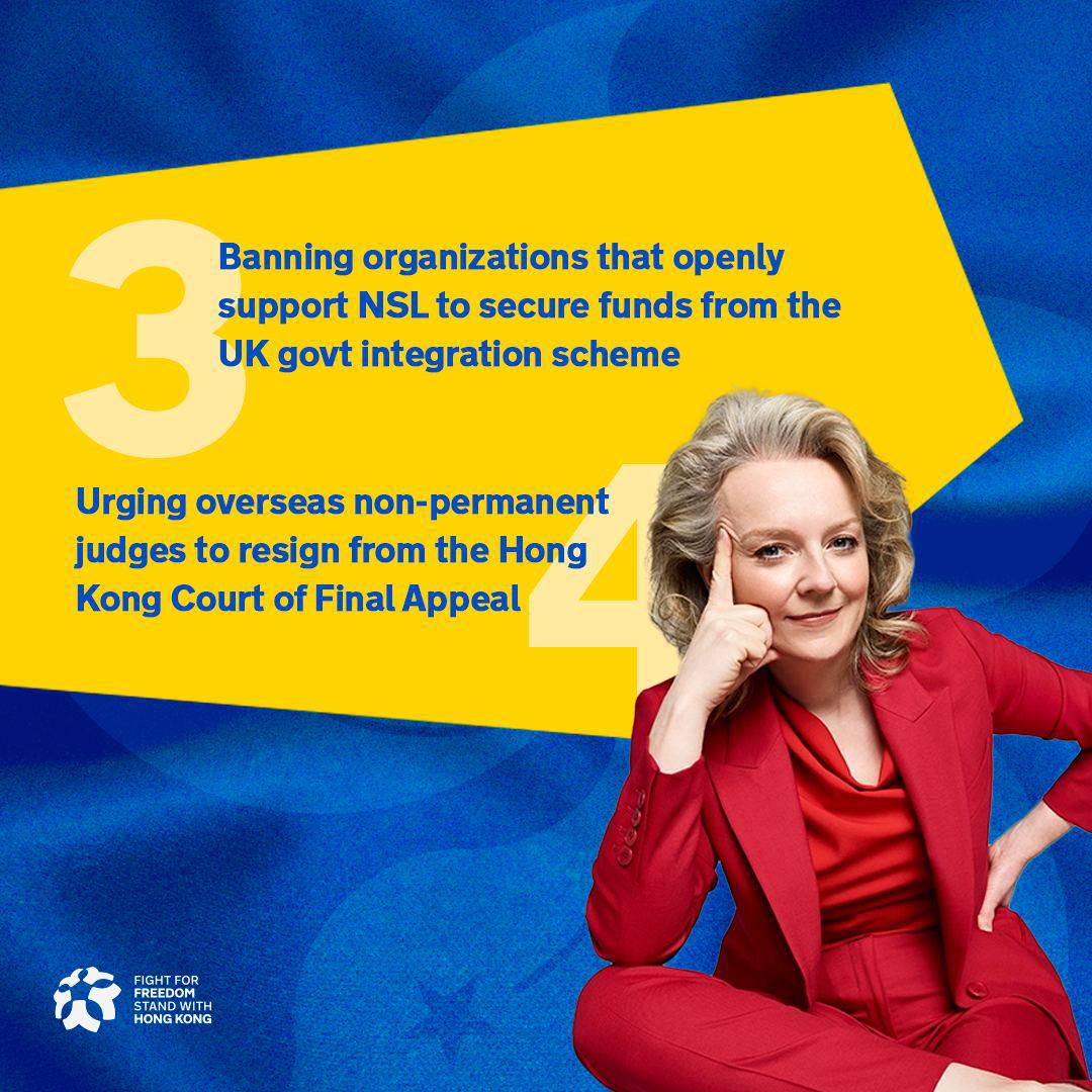 Stand_with_HK's tweet photo. Let’s give a round of applause to the new PM of 🇬🇧 @trussliz on her social media and URGE her to continue highlighting HONG KONG by mentioning the following issues! https://t.co/S6PAwpKoW4