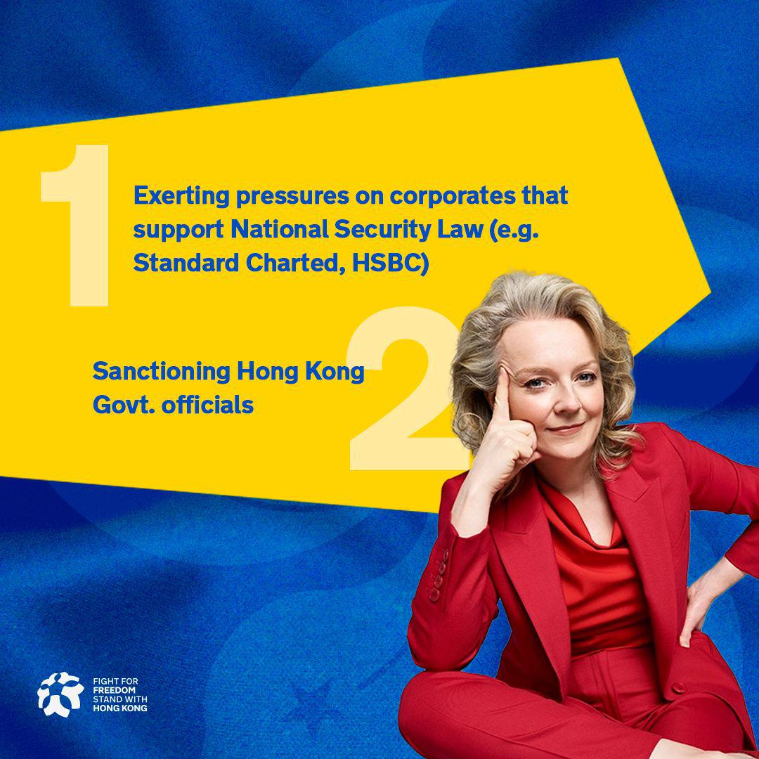 Stand_with_HK's tweet photo. Let’s give a round of applause to the new PM of 🇬🇧 @trussliz on her social media and URGE her to continue highlighting HONG KONG by mentioning the following issues! https://t.co/S6PAwpKoW4
