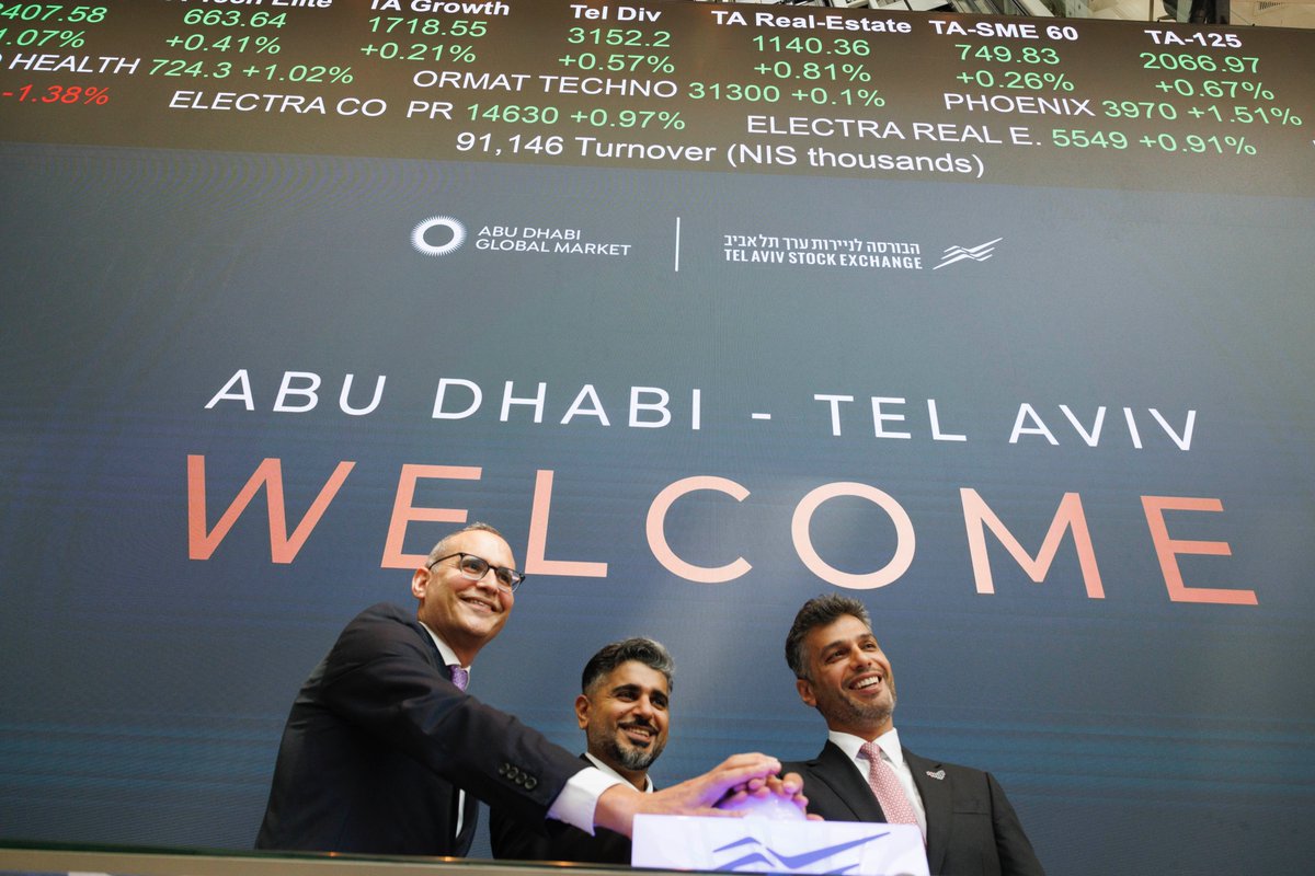 UAEinIsrael's tweet photo. Thank you @TASE_en for hosting a delegation from #AbuDhabi  in #Tel_Aviv. It is exciting to see leading companies from the UAE and Israel work to establish new collaborations and connect industries in both countries. https://t.co/jhjNH8N9Hg