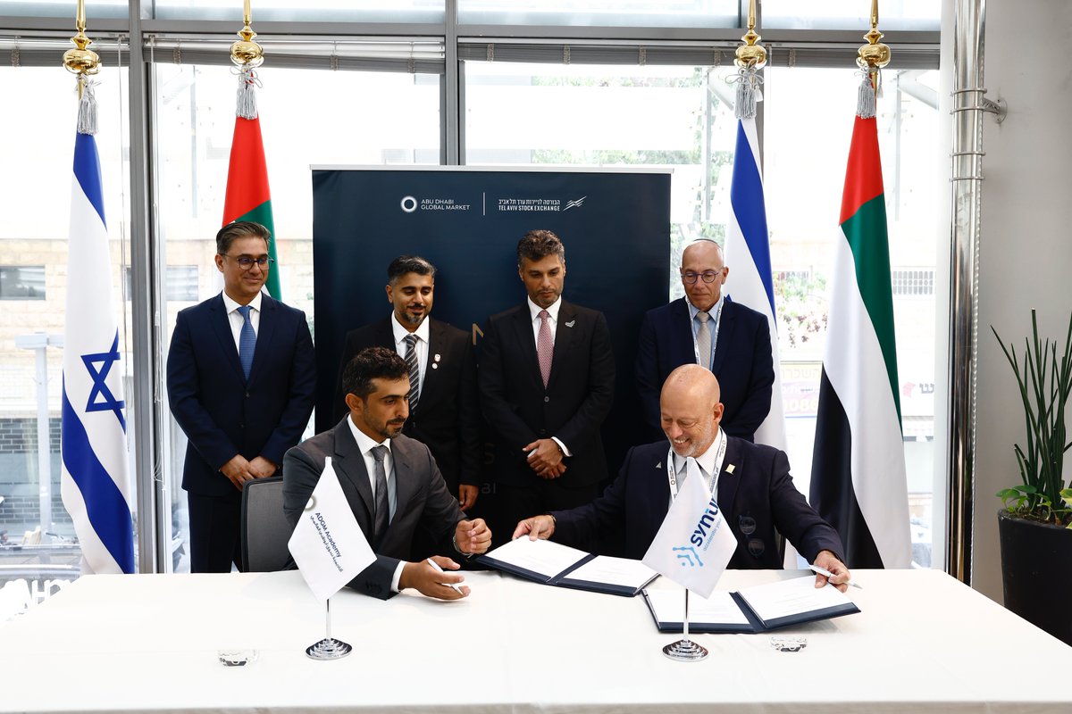 UAEinIsrael's tweet photo. Thank you @TASE_en for hosting a delegation from #AbuDhabi  in #Tel_Aviv. It is exciting to see leading companies from the UAE and Israel work to establish new collaborations and connect industries in both countries. https://t.co/jhjNH8N9Hg
