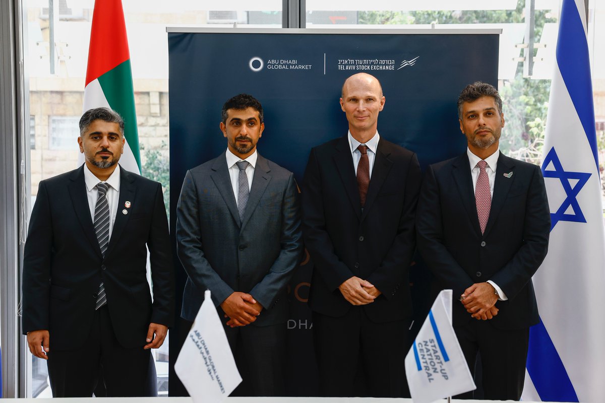 UAEinIsrael's tweet photo. Thank you @TASE_en for hosting a delegation from #AbuDhabi  in #Tel_Aviv. It is exciting to see leading companies from the UAE and Israel work to establish new collaborations and connect industries in both countries. https://t.co/jhjNH8N9Hg