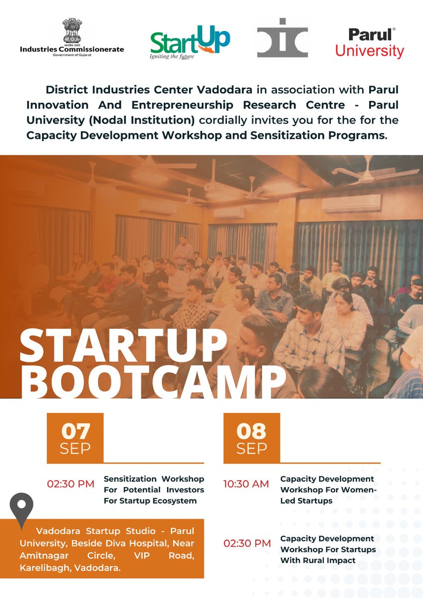 VStartupStudio's tweet photo. District Industries Center Vadodara in association with Parul Innovation And Entrepreneurship Research Centre - Parul University cordially invites you for the for the Capacity Development Workshop &amp; Sensitization Program.

#ParulUniversity #PUStartups #PIERC #VSSPU #EDCPU https://t.co/gc8qW8oaKD