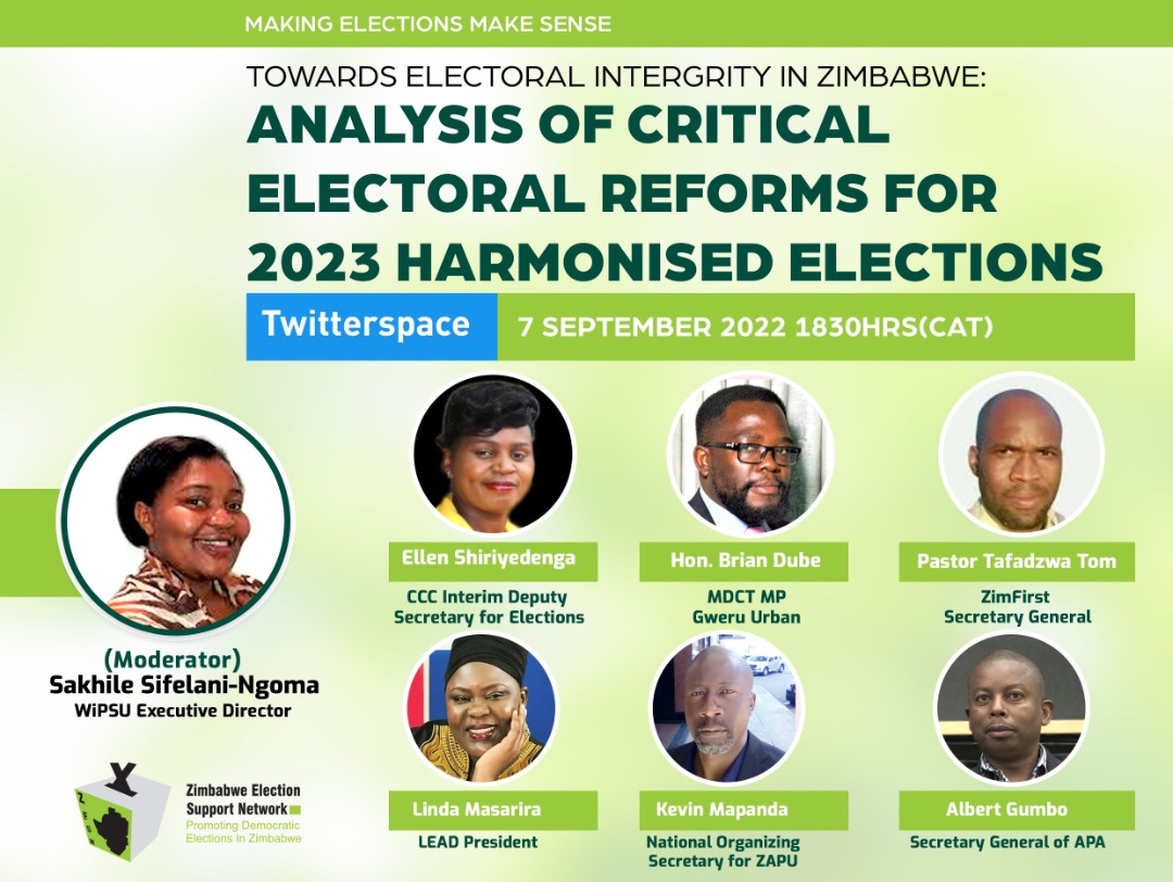 ZESN1's tweet photo. Make a date with us for this interesting conversation on #YesToElectoralReforms @lilomatic @WiPSUZim @ZECzim @ZivaVoters @ellenshiri @CCCZimbabwe @MDCPARTY @ZANUPF_Official @ZapuPublicity @WCOZIMBABWE @ZimFirst @ProfMadhuku @DrNkosana @Welshman_Ncube @enkudheni @WCOZIMBABWE https://t.co/Y0bxFd9cdQ