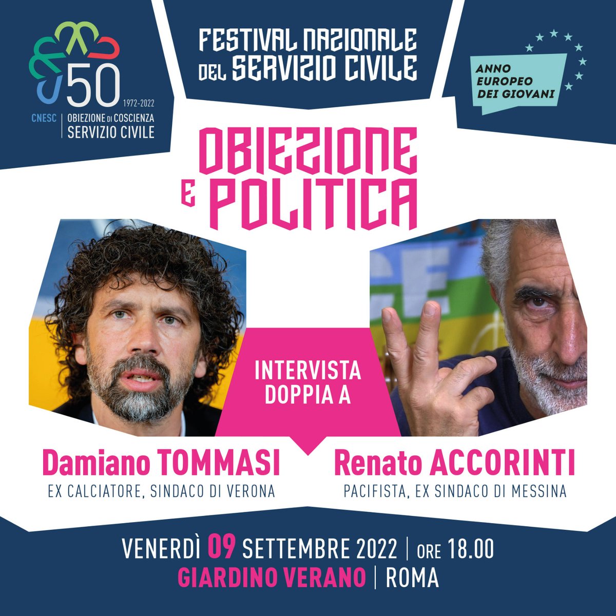 Ecco i volti dell'apertura del Festival del Servizio Civile #50annidiobiezione per la pace di cui siamo particolarmente orgogliosi!

Venerdì 9 settembre al Giardino Verano #ingressolibero ci troveremo con Renato Accorinti e <a href="/17tommasi/">Damiano Tommasi</a> per parlare di "obiezione e politica"