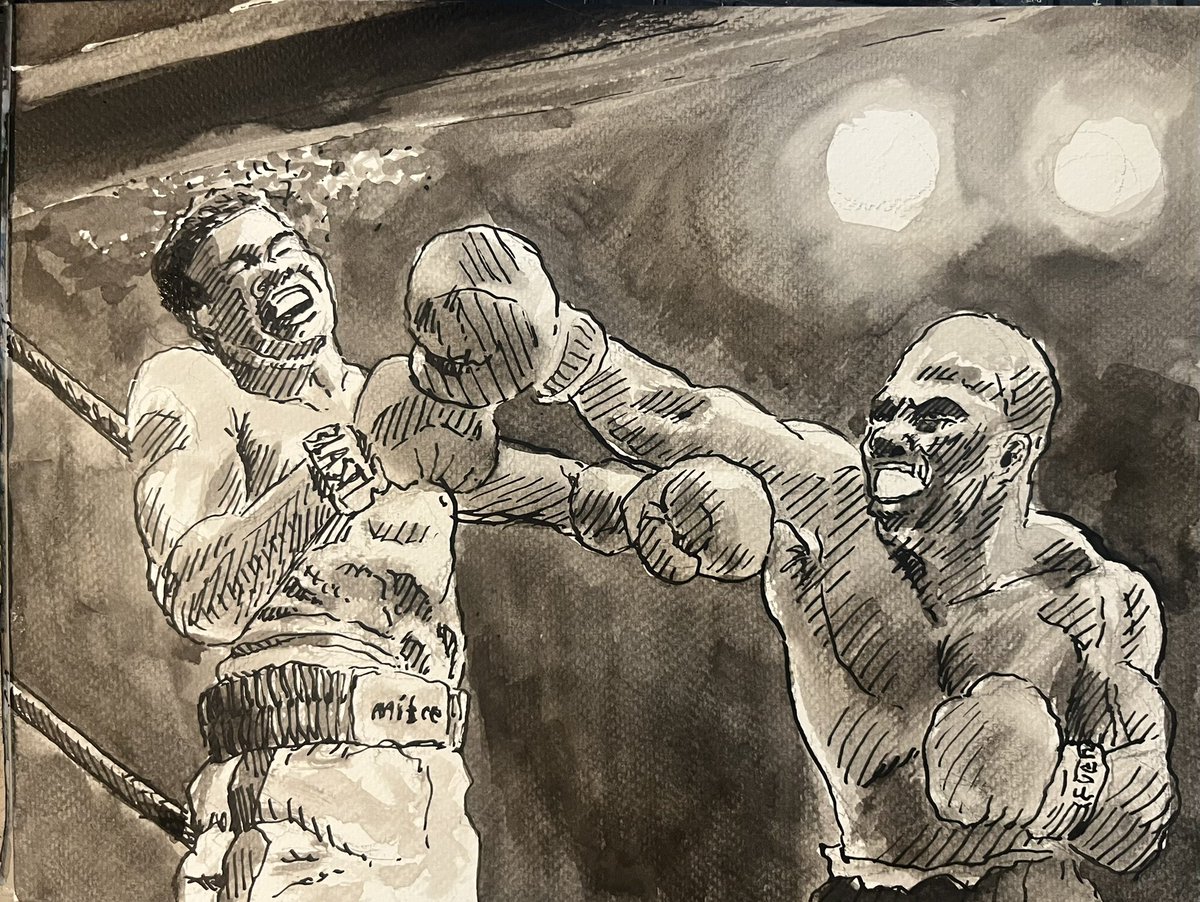PeterLandau's tweet photo. Earnie Shavers (right), Hard-Punching Heavyweight #obitpix #earnieshavers #heavyweightboxer #muhammadali #artofinstagram #penandink #drawing #illustration #portraitdrawing https://t.co/SyH6SZMWV7