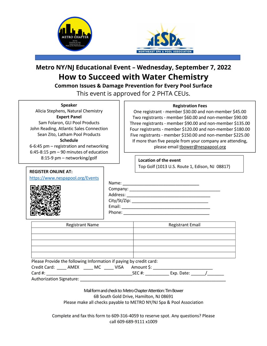 September7, 2022 Metro NY/NJ - How to Succeed with Water Chemistry

TO REGISTER CLICK BELOW OR CALL 609-689-9111 x1009 
nespa.users.membersuite.com/.../683a8c52..…
Date: Wednesday, September 7, 2022
Location: Top Golf in Edison, NJ
This event is approved for 2 PHTA CEUs.