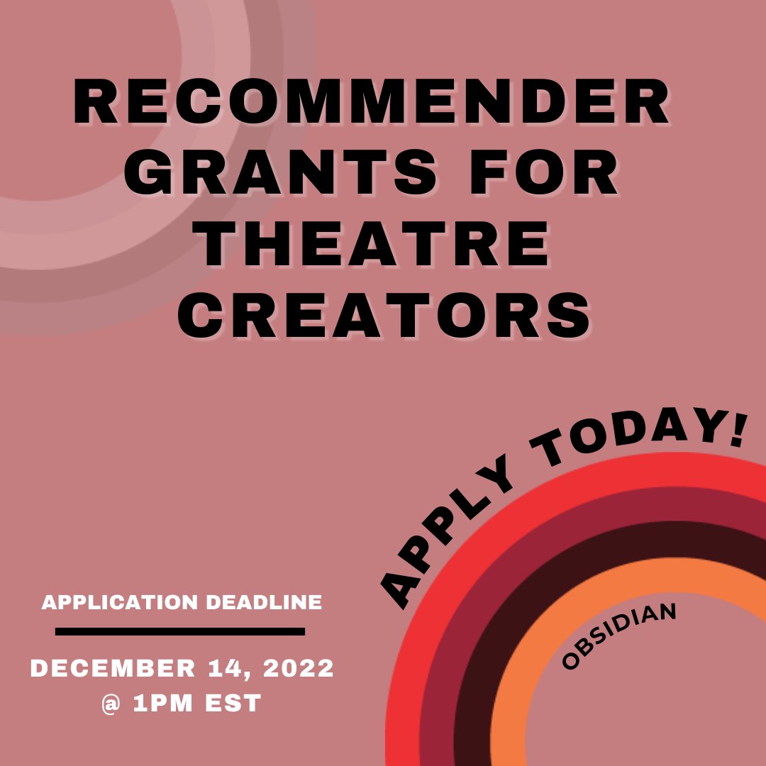 It's that time of year again! 

RGTC's are a fantastic opportunity for Obsidian to fund new theatrical works in development by Black creators from all intersections. Deadline Dec 14. Learn more today! obsidiantheatre.com/artist-centre/…