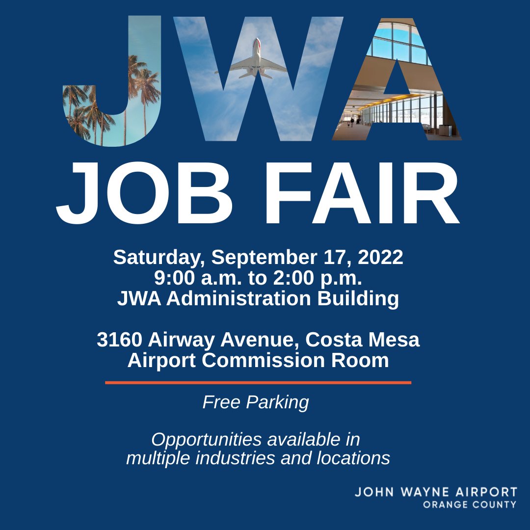JohnWayneAir's tweet photo. We’re #hiring! For more information on open positions, attend our #JobFair on Saturday, Sept. 17 from 9 a.m. to 2 p.m. at 3160 Airway Ave. in Costa Mesa (free parking). https://t.co/sN6q5DGnSg