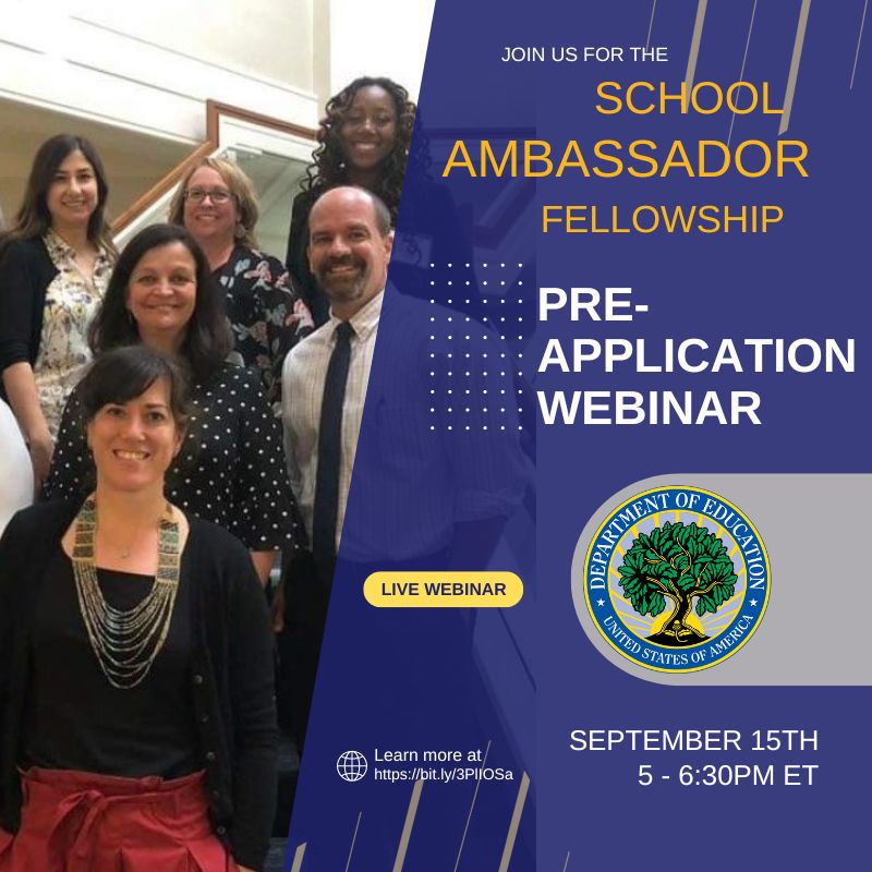 Use your voice to help improve educational outcomes for students and educators nationwide. Become a School Ambassador Fellow! Join us for the LIVE SAF Preapplication Webinar on September 15th from 5-6:30pm ET. Visit the SAF Website for more information! #FellowsAtED