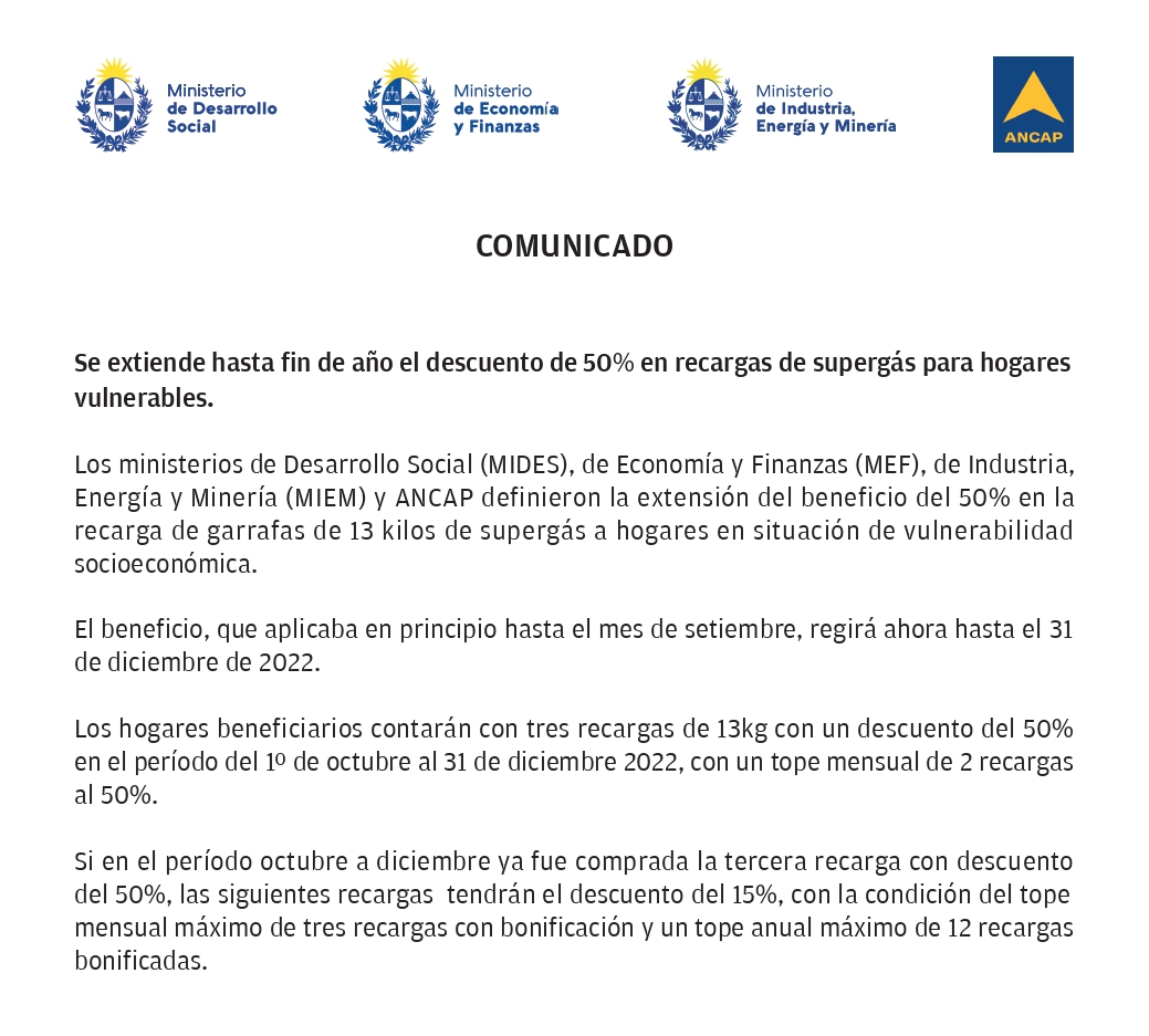 📣 Junto con <a href="/mef_Uruguay/">Economía y Finanzas</a>, <a href="/MIEM_Uruguay/">MIEM Uruguay</a> y <a href="/AncapUruguay/">ANCAP</a> definimos la extensión del beneficio del 50% en la recarga de garrafas de 13 kilos de supergás a hogares en situación de vulnerabilidad socioeconómica.