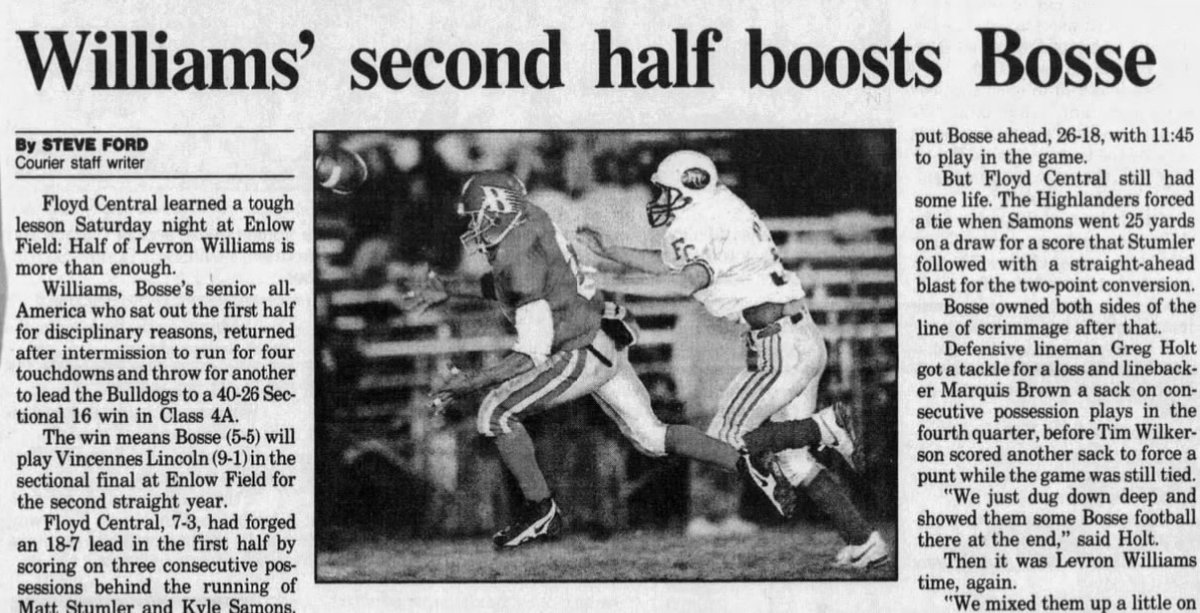 RyanReynolds's tweet photo. Let's dip into some @BosseBulldogs history. Here's the night in 1996 when Levron Williams sat out one half of a state tournament game, but then ran for FOUR touchdowns and THREW for a fifth in the second half alone. https://t.co/oKzYjM2IGj