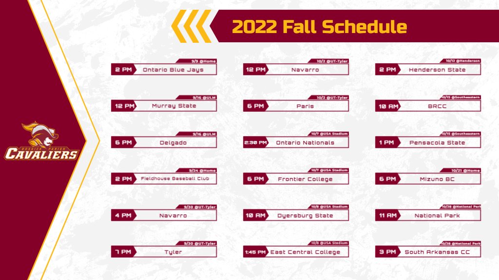 BPCC BASEBALL on Twitter: "Here is the 2022 Fall Schedule for the Cavs BPCC BASEBALL on Twitter: "Here is the 2022 Fall Schedule for the Cavs