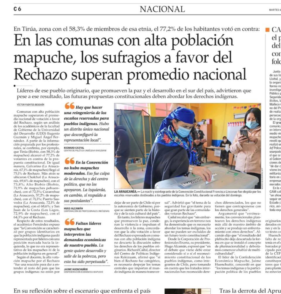 En las comunas con alta población mapuche, los sufragios a favor del rechazo superarán promedio nacional.  Aquí les dejamos la opinión de nuestro director presidente Hugo Alcaman en <a href="/ElMercurio_cl/">elmercurio_cl</a> de hoy.
