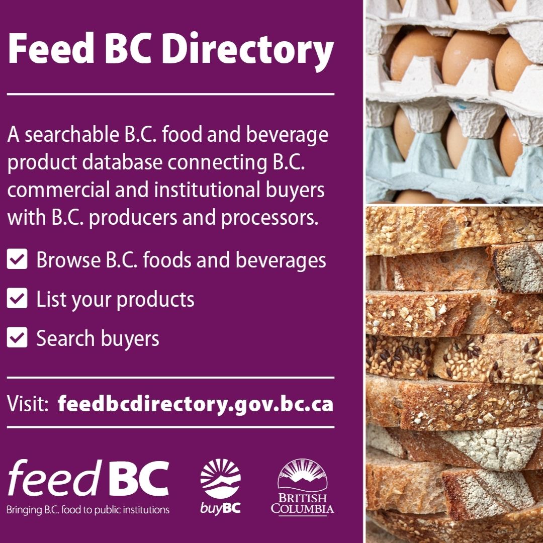 The Feed BC Directory is a new online, searchable directory that connects BC institutional and commercial food buyers with BC food and beverage producers and processors.

#FeedBC #BuyBC

feedbcdirectory.gov.bc.ca