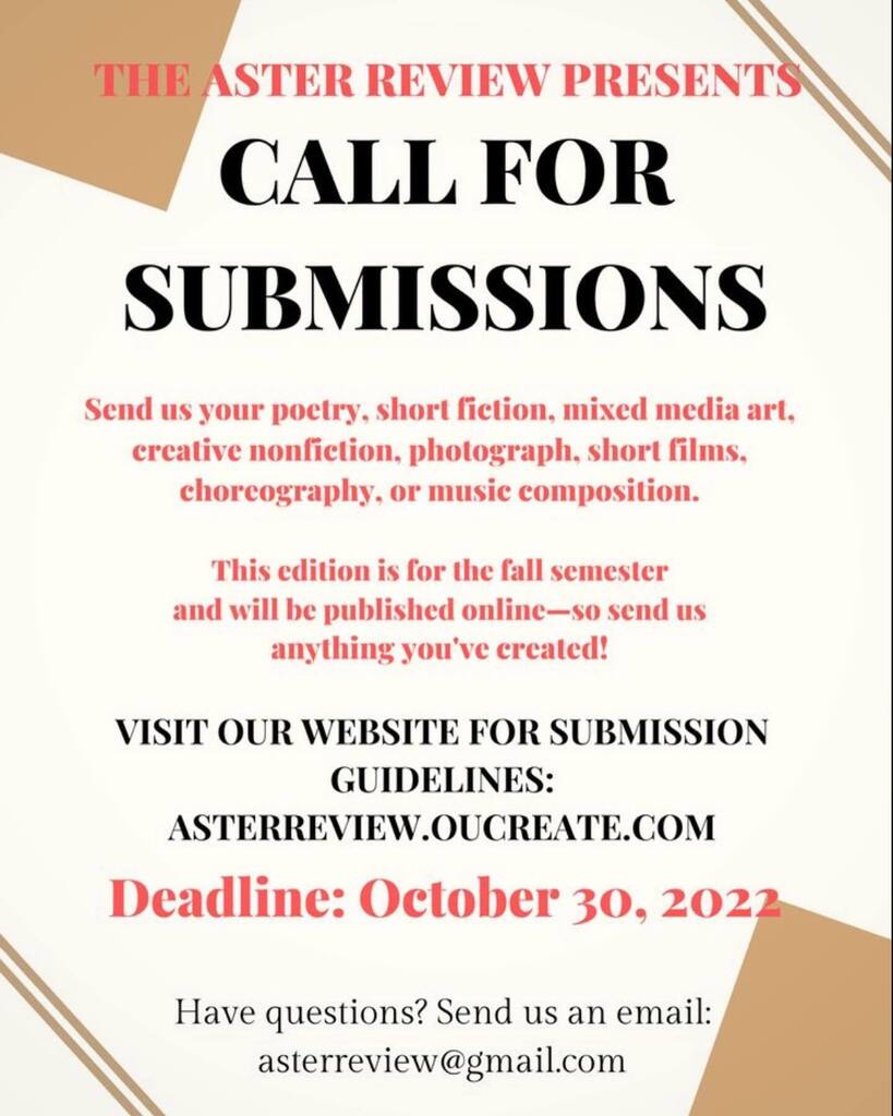 asterreview's tweet photo. Calling all OU creatives: submissions for Volume VI are now open! For the first time ever, we will be accepting ALL art forms, not only what fits in print! 

Visit our website for submission guidelines (link in bio) and DM or email us with questions! https://t.co/cw2LVZmXMM https://t.co/Y8hIAzoUTF