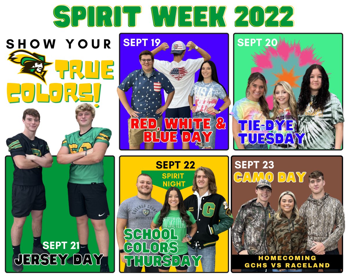 GreenupSchools's tweet photo. Spirit Week is Coming!
Get ready to show your true colors, Musketeers!
#BelieveInGC #GCAllForOne https://t.co/f8YdR02we7
