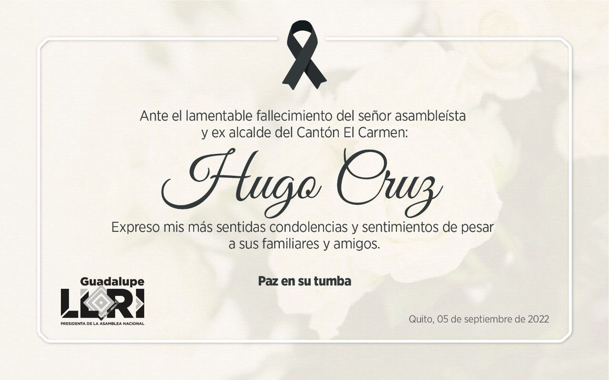 Ante el sensible fallecimiento del Asambleísta. Ing Hugo Cruz Andrade, presentó mi más sentidas condolencias a su familia y seres queridos. 

Paz en su tumba. 🕊
