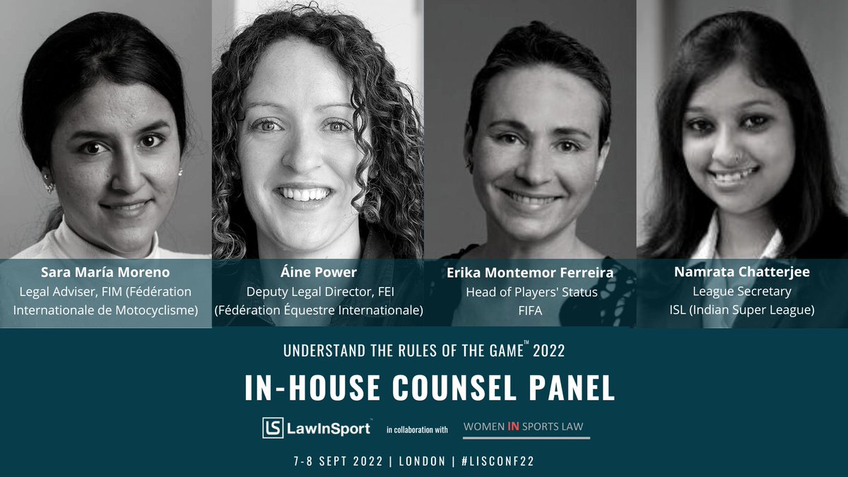 LawInSport's tweet photo. Expert lawyers @AinePower2, @ErikaMontemor, @namratac15 &amp; Sara Moreno (@FIM_live) will provide industry insight into the needs &amp; challenges of managing sport in-house legal teams at our Annual Conference this week.

For details &amp; tickets: https://t.co/MQtKcn9nv0

#LISconf22 https://t.co/RJKBmH3eg4