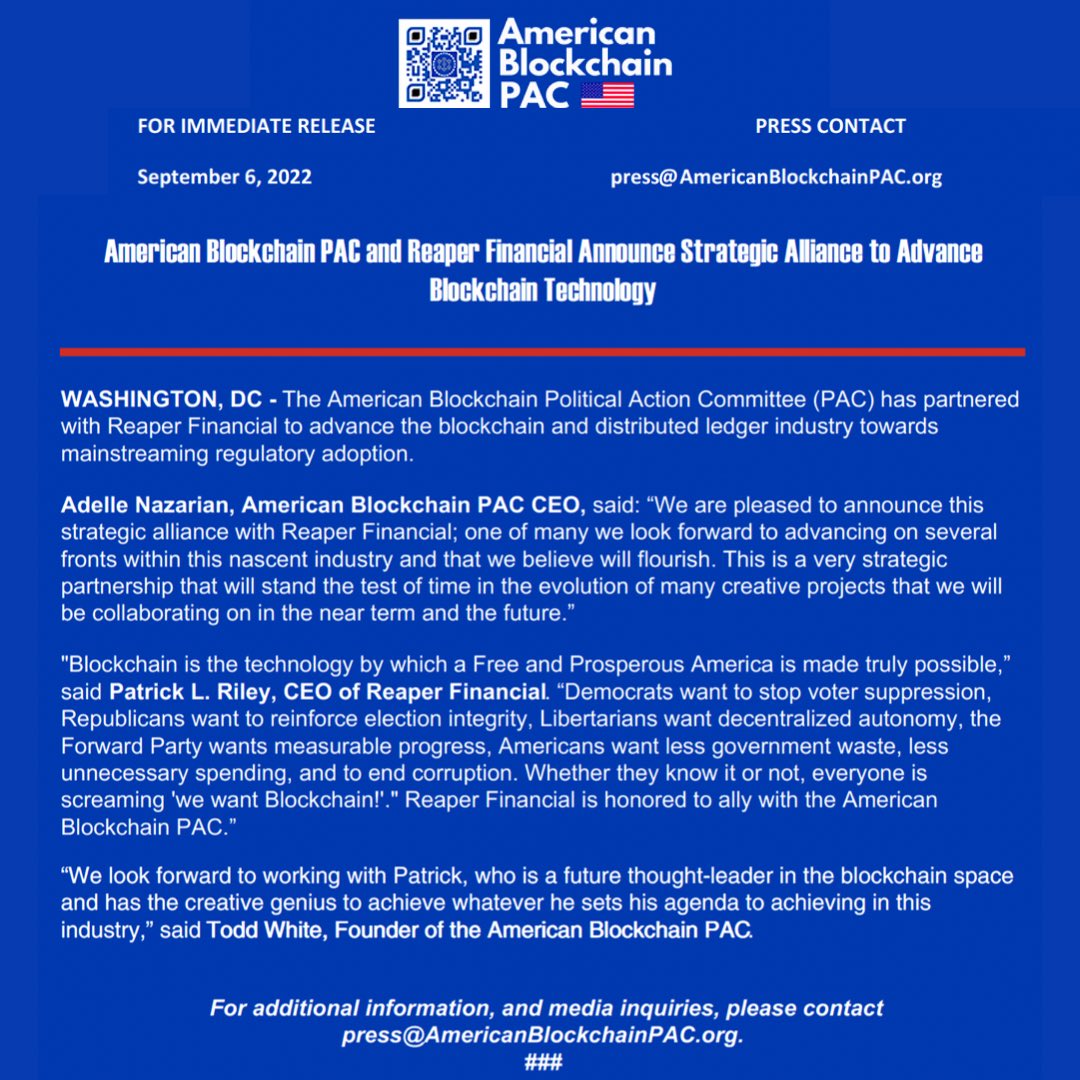 USBlockchainPAC's tweet photo. BREAKING: American Blockchain PAC and Reaper Financial Announce Strategic Alliance to Advance #Blockchain Technology @RealReaperCEO https://t.co/v7Y6FPfOHw