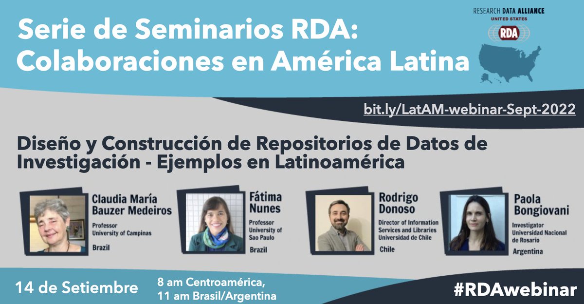 Mañana llega el Webinar sobre Repositorios de Datos de Investigación en nuestra región, organizado por @RDA_US. Recuerde inscribirse acá: bit.ly/LatAM-webinar-…