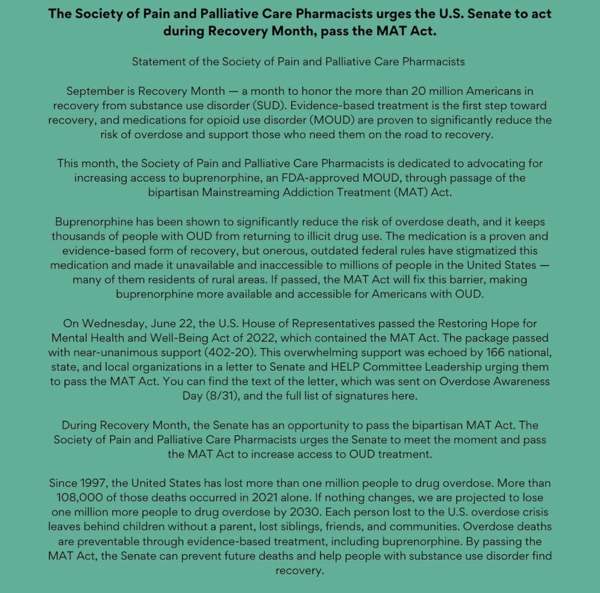 SPPCP_Official's tweet photo. 📢📢 SPPCP urges the U.S. Senate @SenateDems @SenateGOP to act during Recovery Month. 

‼️📣 PASS the MAT Act.

Full text: https://t.co/k9S2AN43iB https://t.co/W4JqmvzlqE