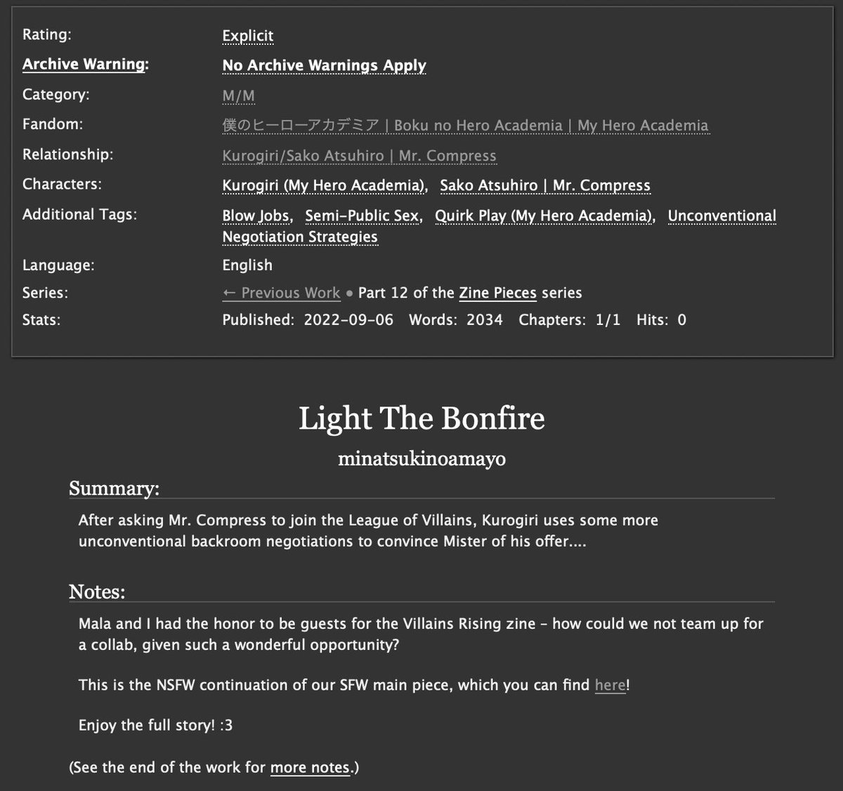 Light The Bonfire / BlackMagic / Kurogiri x Mr Compress. Our NSFW sequel with <a href="/darkmatinee/">Kii writes</a> for
 <a href="/VillainsRising/">Villains Rising: A MVA Zine - ARCHIVED</a>. One extra image in the fanfic!

Link to the SFW in the thread 🧵
Link to the NSFW part in the quote! 👇

x.com/darkmatinee/st…