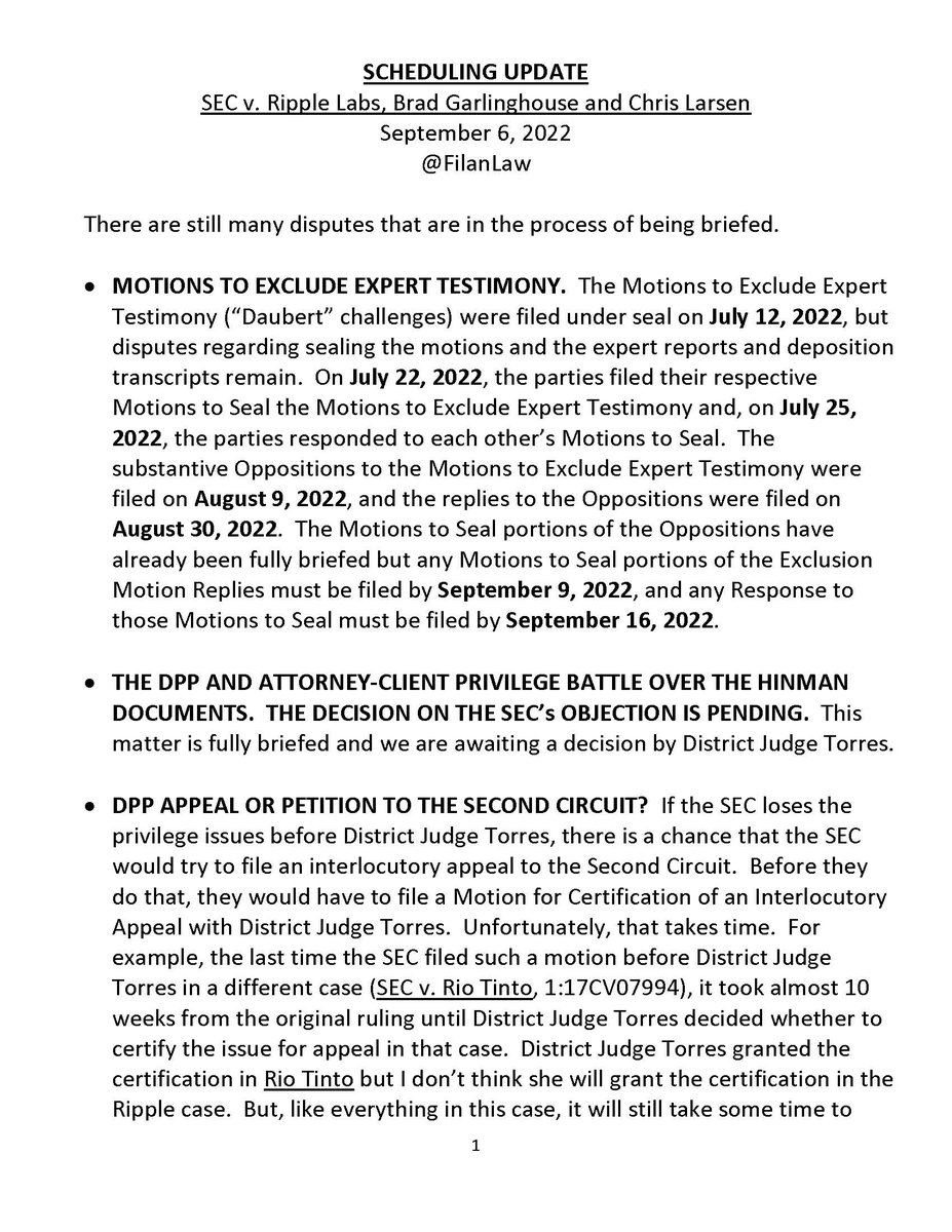 FilanLaw's tweet photo. #XRPCommunity #SECGov v. #Ripple #XRP Scheduling Update as of September 6, 2022. https://t.co/GzY6KPATJU