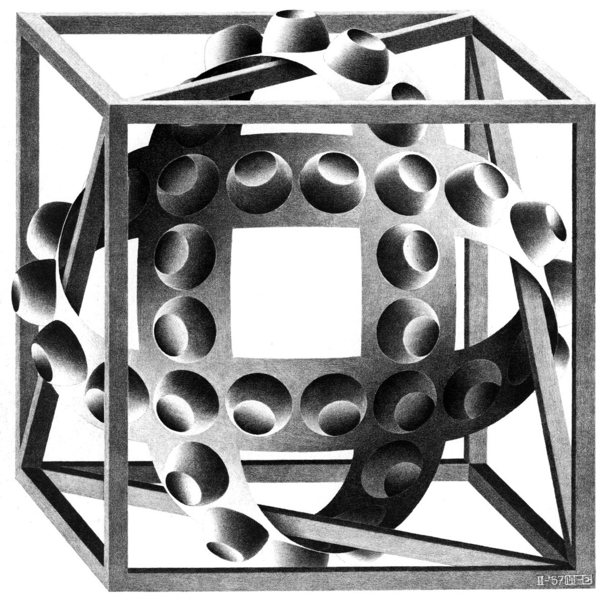 artistescher's tweet photo. Cube with Magic Ribbons, 1957 #mcescher #opart https://t.co/xMhQKHu5Mc https://t.co/FFhTBOdRQD