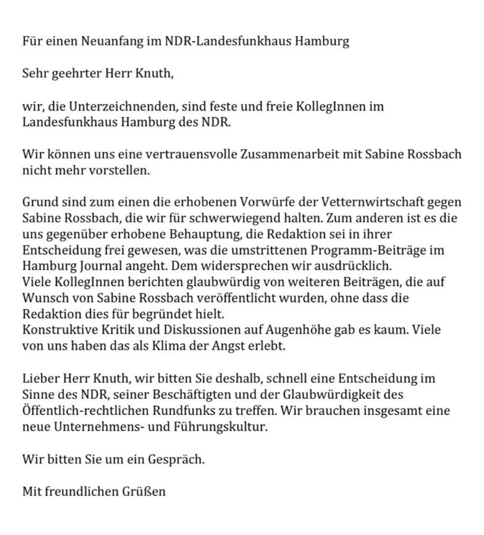 Zahlreiche NDR-MitarbeiterInnen des LfH Hamburg wenden sich in einem Offenen Brief an Intendant Joachim Knuth. Eine vertrauensvolle Zusammenarbeit mit Sabine #Rossbach könne man sich nicht mehr vorstellen. #ÖRR 👇