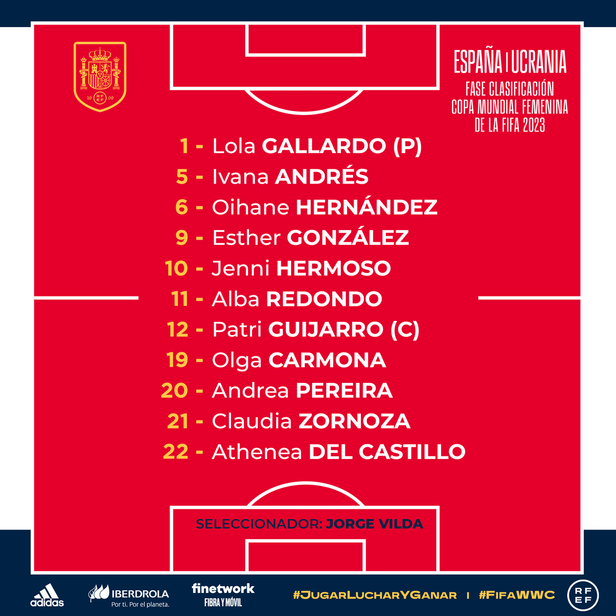 SEFutbolFem's tweet photo. 🔴 𝗢𝗙𝗜𝗖𝗜𝗔𝗟  I Esta es la alineación de España para el duelo ante 𝗨𝗖𝗥𝗔𝗡𝗜𝗔.

👥 Estas once guerreras buscarán sellar una clasificación brillante para la cita mundialista.

¡¡QUEREMOS LA PERFECCIÓN!!

#JugarLucharYGanar I #FIFAWWC https://t.co/TaNnhkXIRx