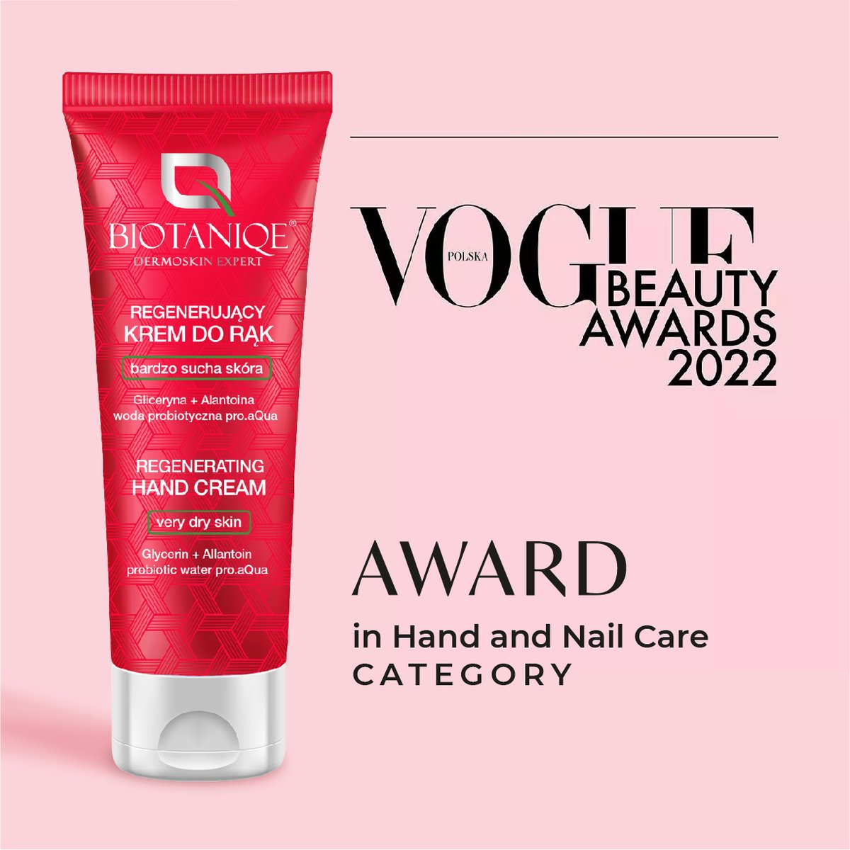 Maurisse_com's tweet photo. We are amazingly proud to announce that the #Biotaniqe Regenerating Hand Cream for very dry skin is the winner of the second edition of the 
@VoguePoland Beauty Awards in Hand and Nail Care category♥️. Unique due to concentrated formula, immediately bringing comfort to hands👐. https://t.co/A5xDhYYYhv
