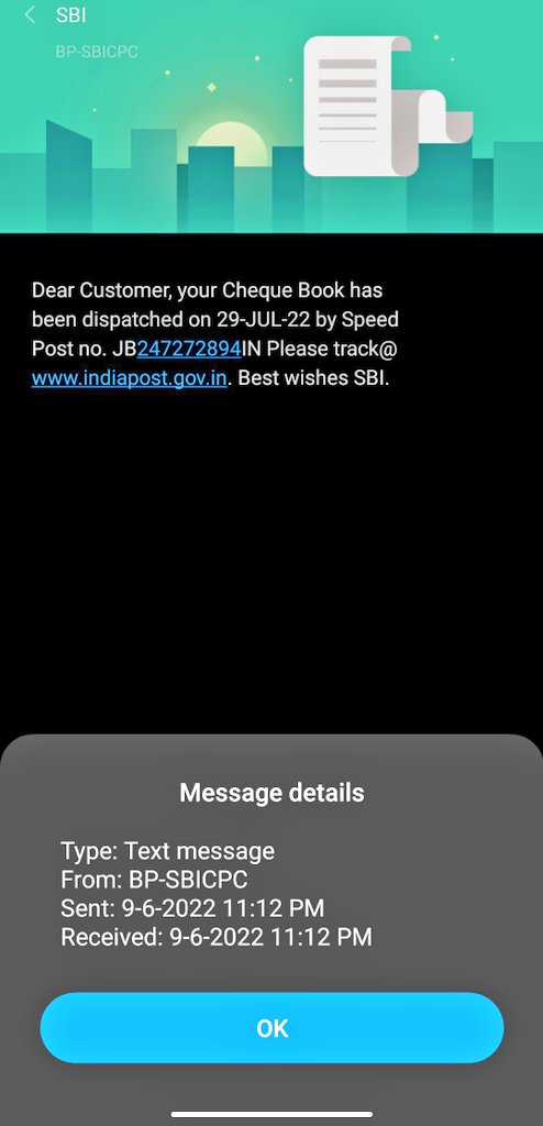 ankit_238's tweet photo. I requested my cheque book on 25th july and cheque book was dispatched on 29th july and i received alert message on 6th September. What's happens with your server @TheOfficialSBI https://t.co/8oKT1FD5k4