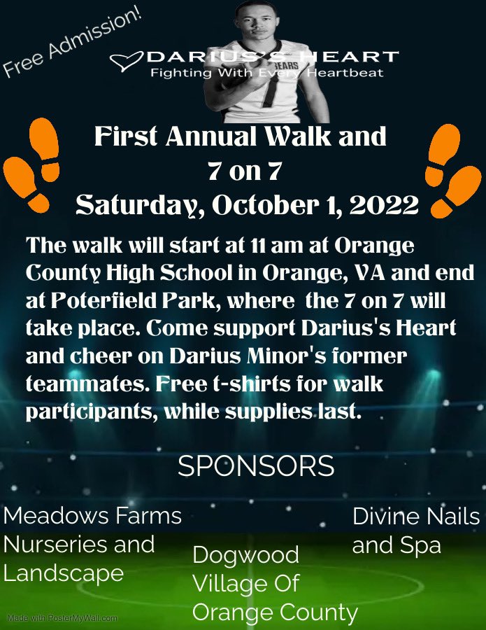 DariussHeart's tweet photo. Come out to support Darius’s Heart for our first annual walk and 7on7. Come cheer on former OC and surrounding counties football players! @OCHS_Hornets @Meadowsfarms #chdawareness #youthsports #athlete #dariusminor #dariussheart https://t.co/q5nxP9y0VE