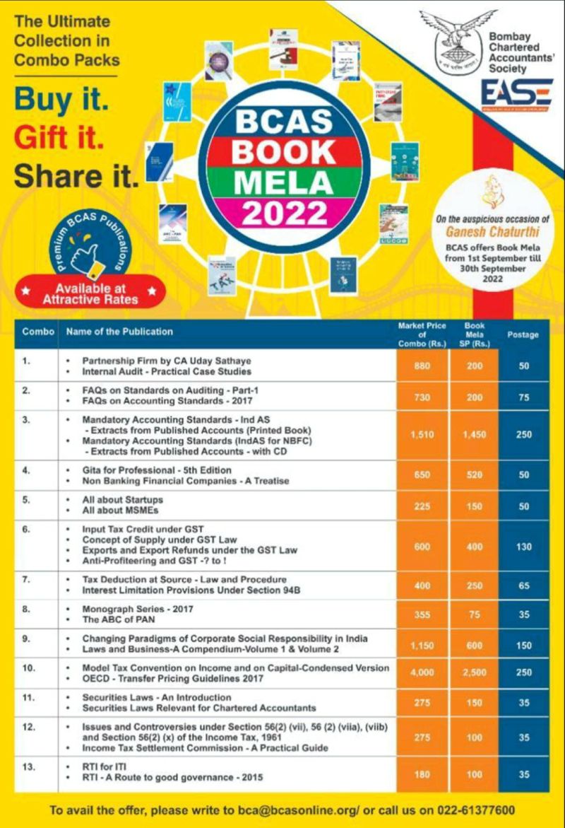 bcasglobal's tweet photo. #GaneshChaturthi2022 Special!
Take advantage of #BCAS BOOK MELA 2022. Get Premium publications at Discount.
Write to bca@bcasonline.org to avail the offer. Valid from Sep 01 - Sep 30, 2022.
#BCASPublications #BCASInitiative #professionalgifting #CAs #ganeshchaturthi2022 https://t.co/6eC4An9xBp