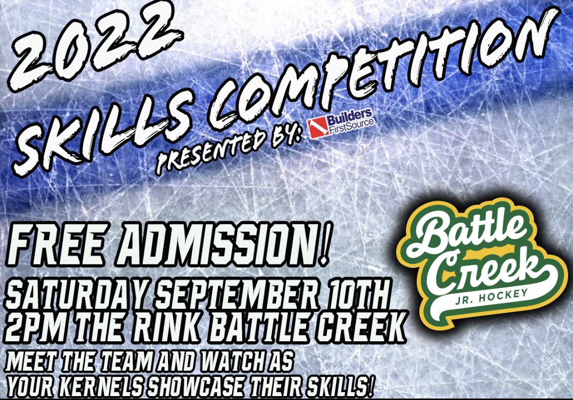 BCKernels's tweet photo. Don’t miss out on your chance to meet the ‘22-‘23 Battle Creek Kernels at the 2022 Skills Competition Presented by Portage Builders First Source! Admission is FREE so join us at 2pm for a day of speed, dangles and family fun! #BattleReady https://t.co/blhcuqxViK